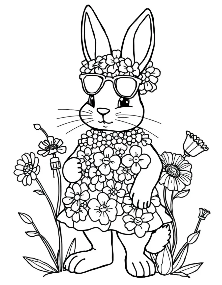 A bunny fashion designer creating outfits made of flowers