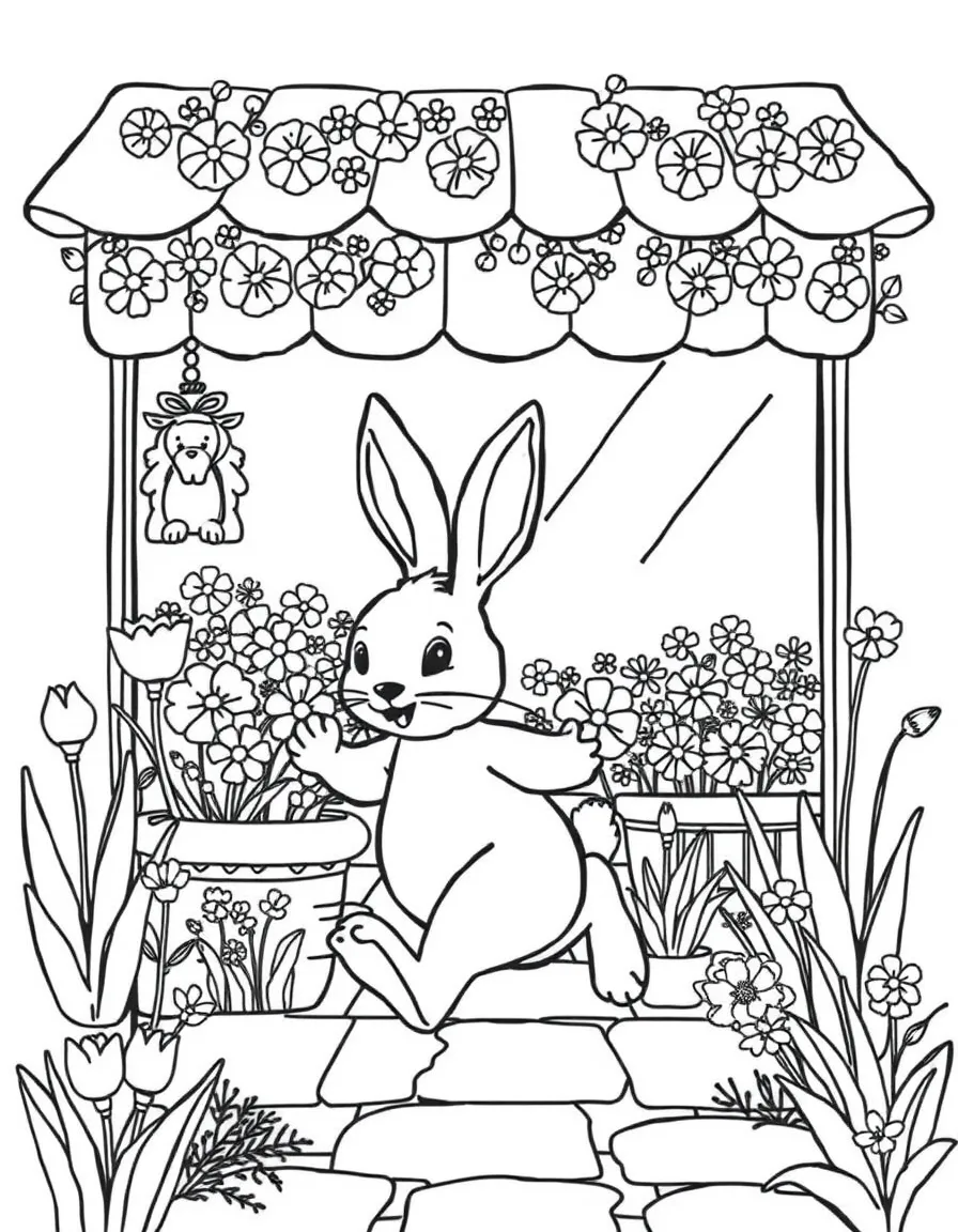 A bunny running a flower shop with seasonal spring blooms