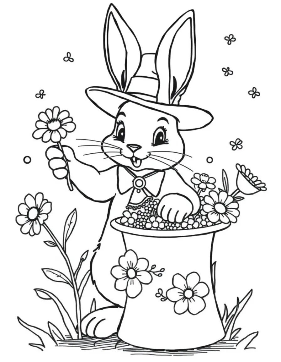 A bunny magician pulling flowers out of a hat
