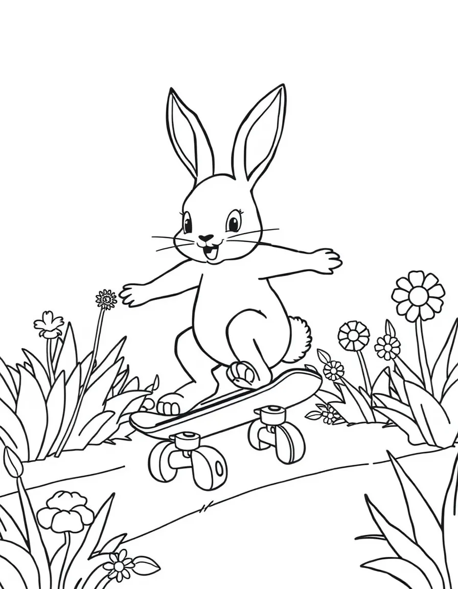 A bunny skateboarding through a garden obstacle course