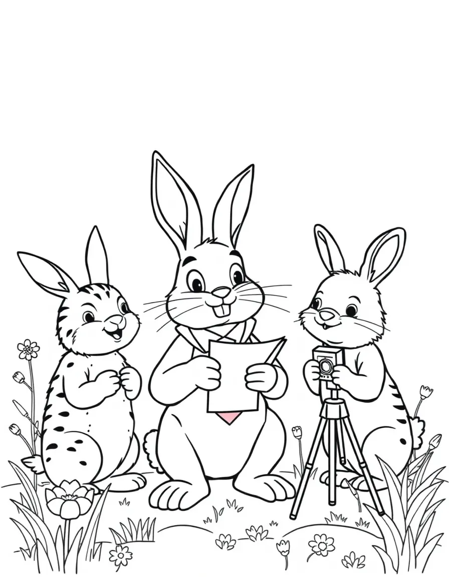 A bunny journalist interviewing spring animals for a news story