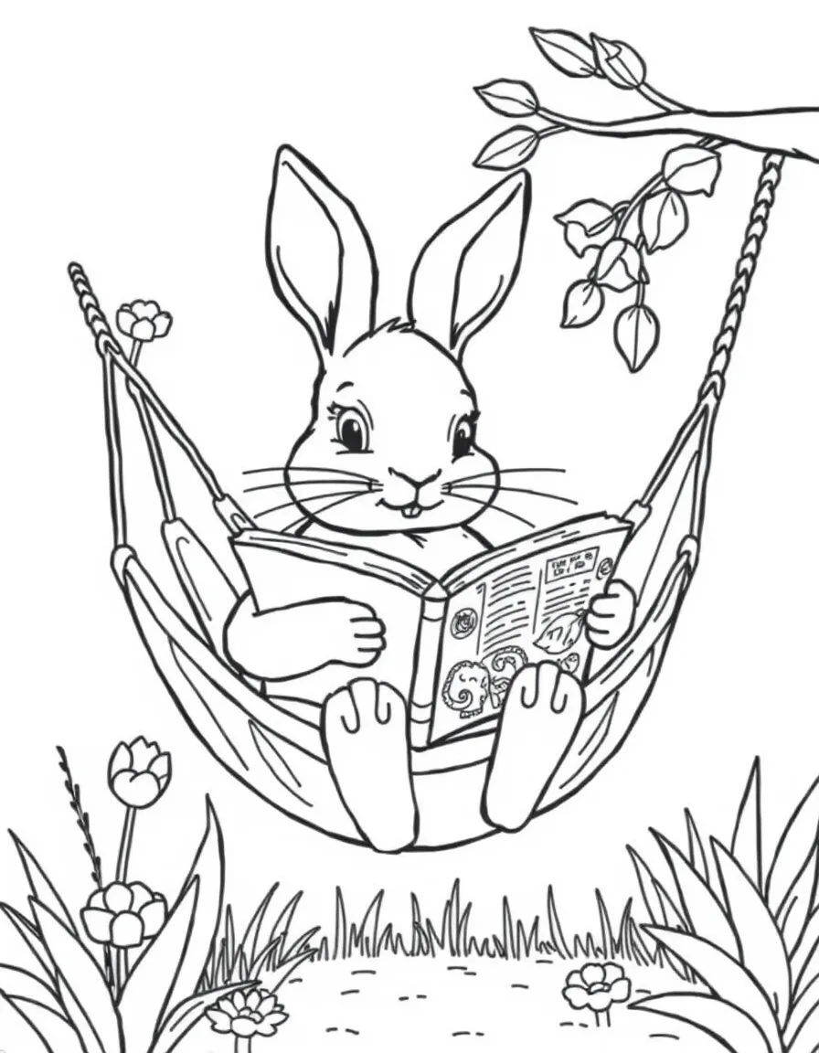 A bunny in a hammock reading a book about gardening