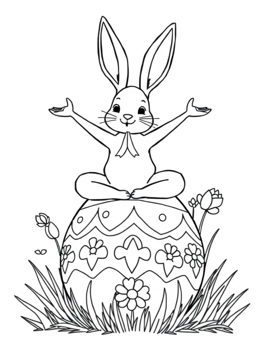A bunny practicing yoga on a giant Easter egg