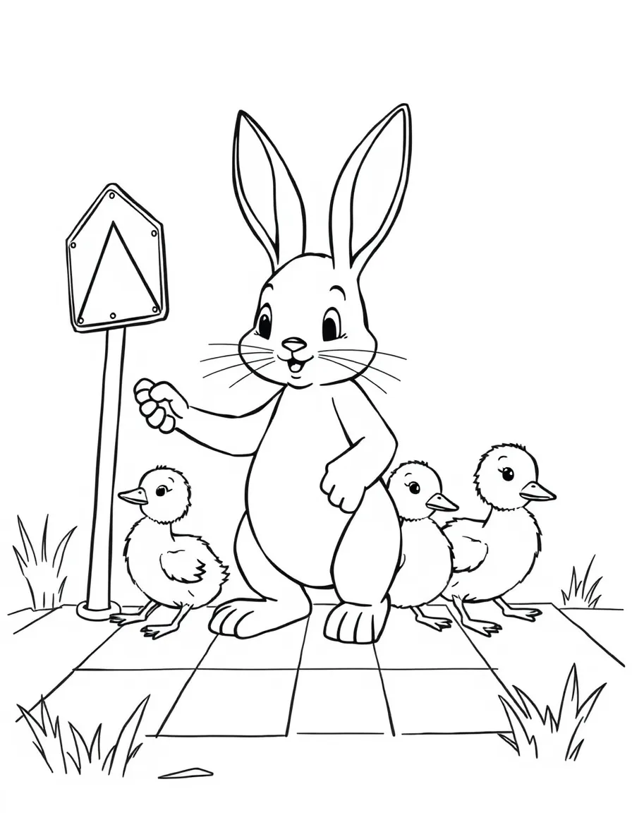 A bunny working as a crossing guard for a line of ducklings