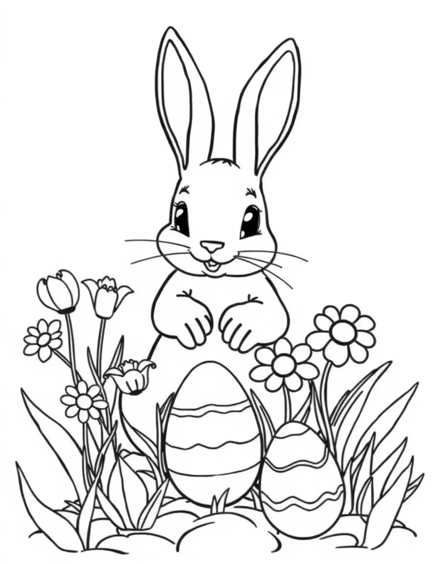 A bunny planting a garden of flowers shaped like Easter eggs