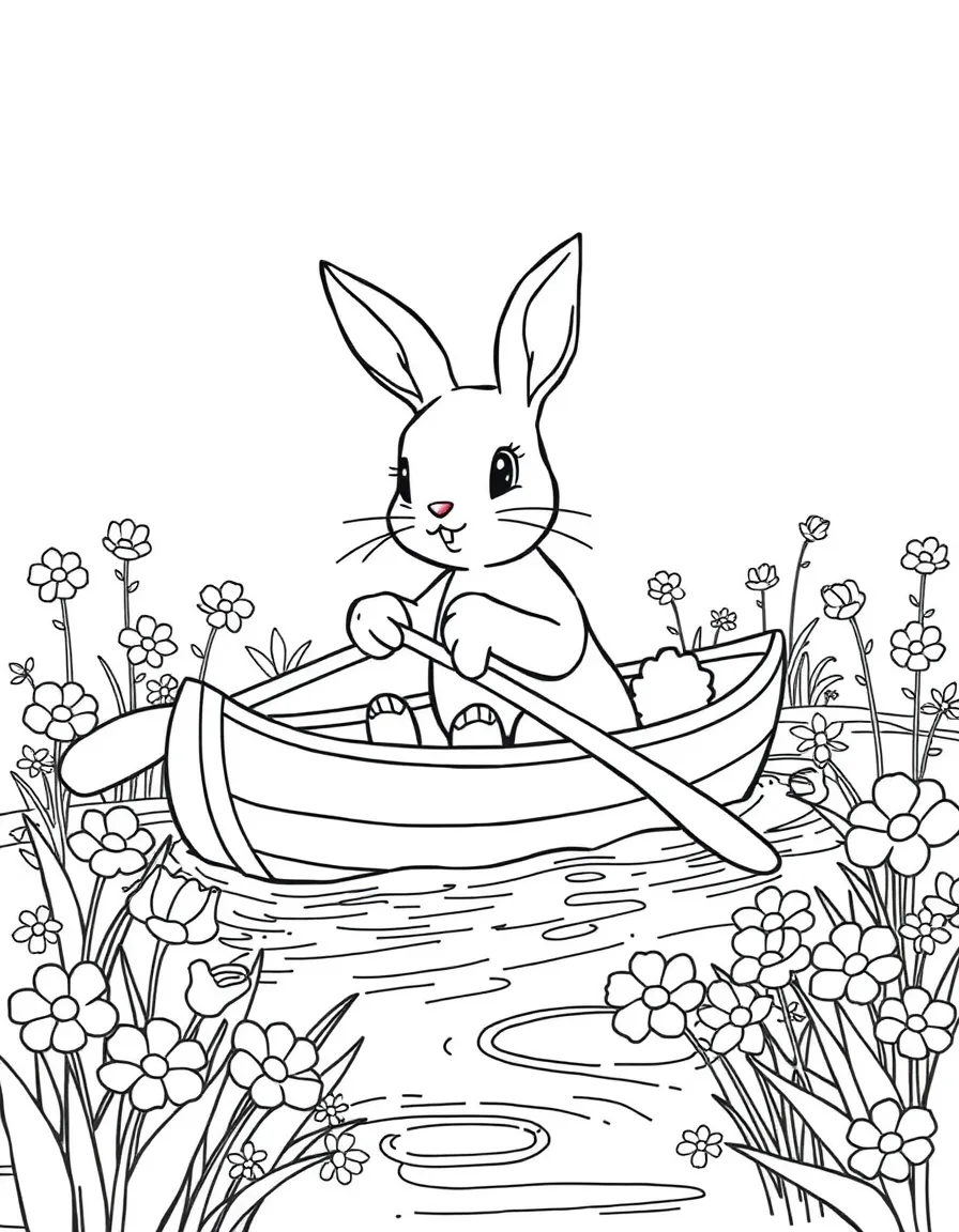 A bunny in a canoe paddling through a stream of spring flowers