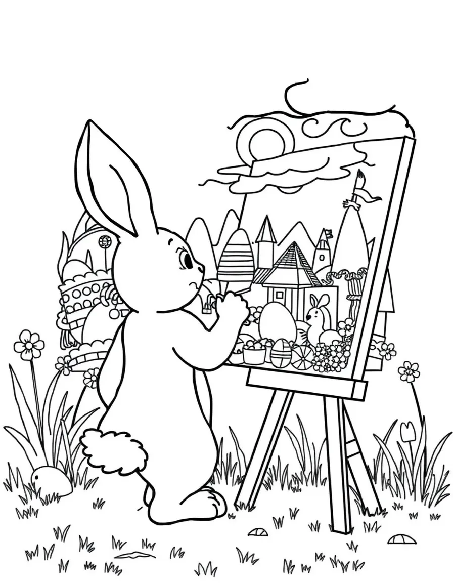 A bunny painting a mural of Easter scenes on a wall