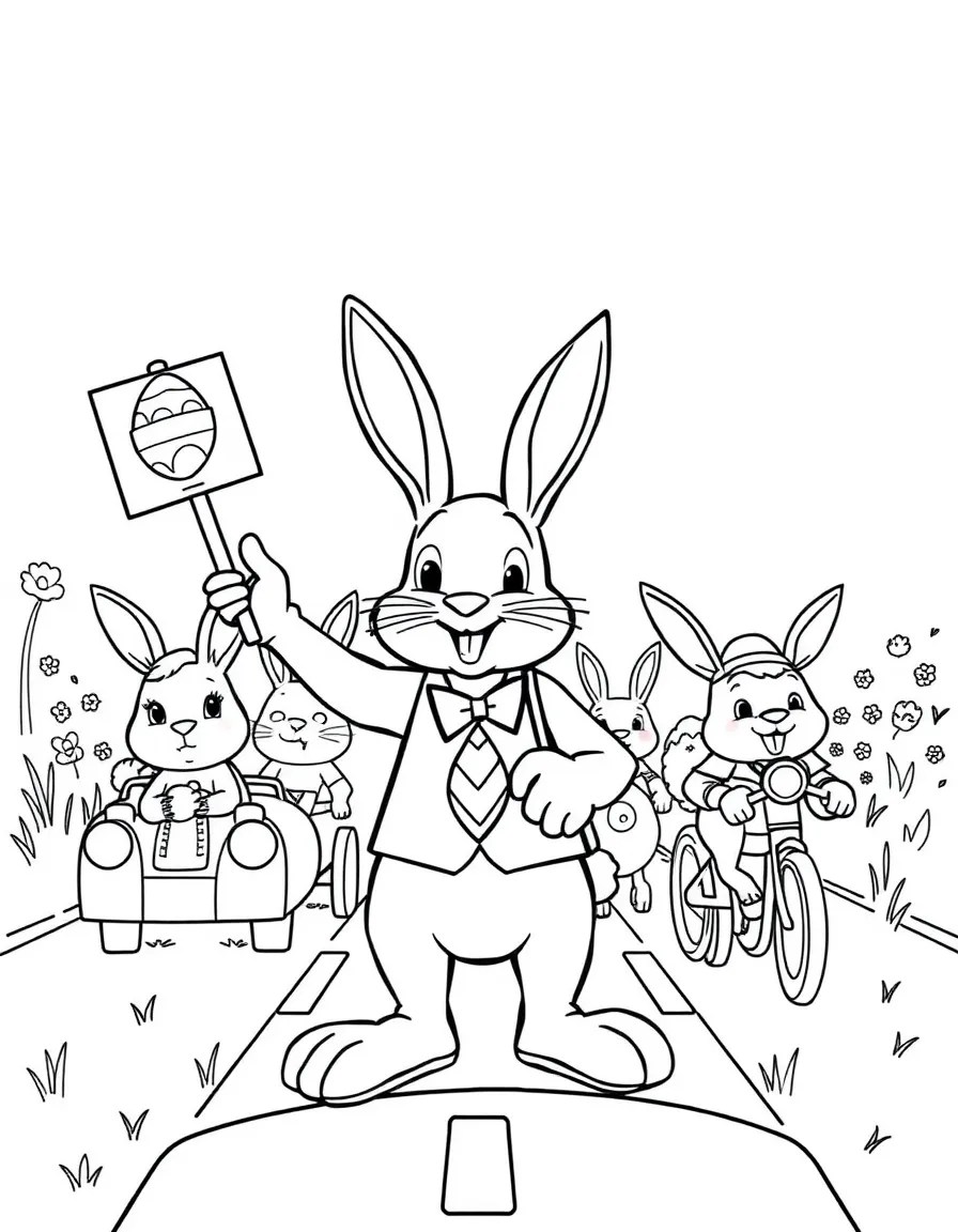 A bunny directing traffic of animals going to an Easter parade