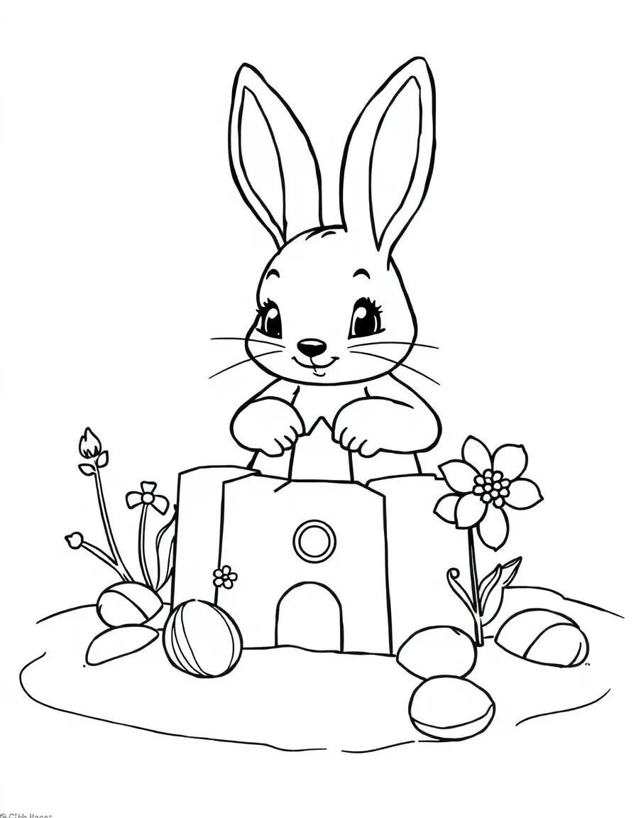 A bunny building a sandcastle decorated with shells and flowers