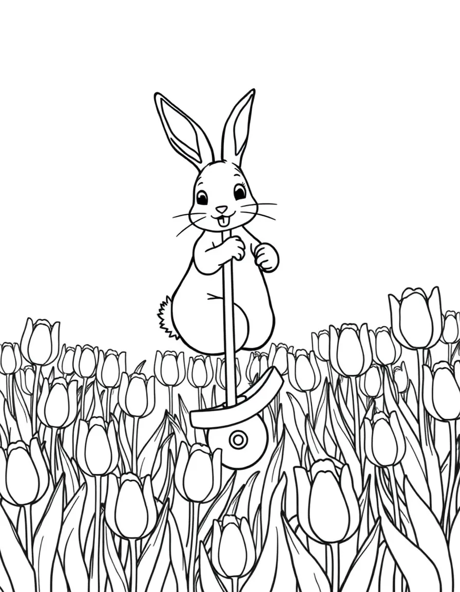 A bunny riding a pogo stick through a field of tulips