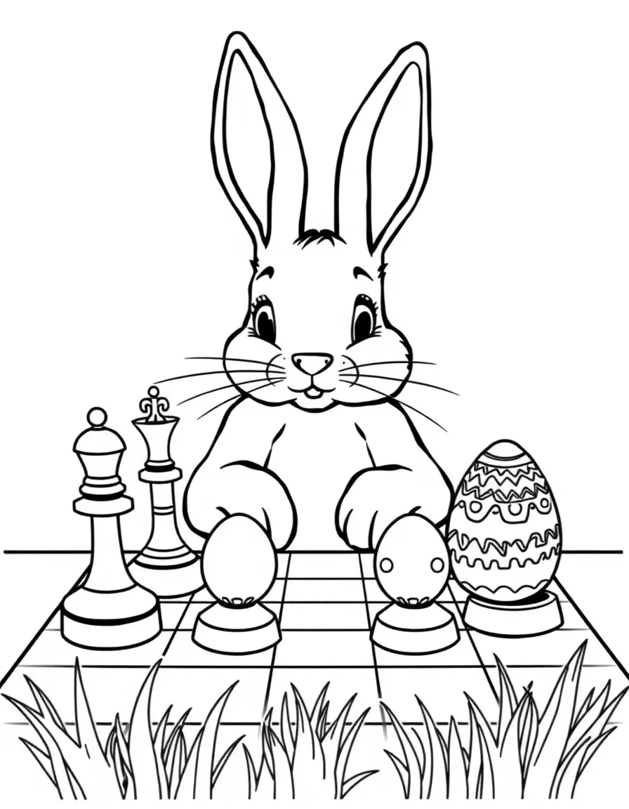 A bunny playing chess with pieces shaped like Easter eggs