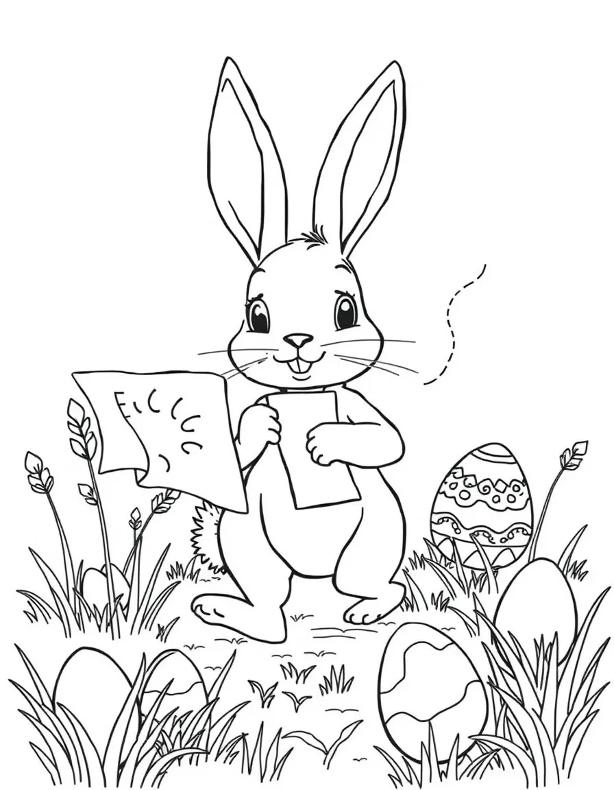 A bunny on a treasure hunt following a map to Easter eggs
