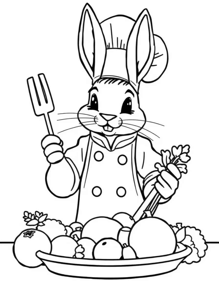 A bunny sous chef preparing a spring vegetable feast