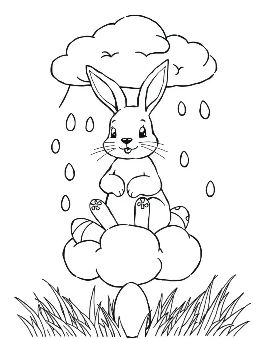 A bunny sitting on a cloud making it rain Easter eggs