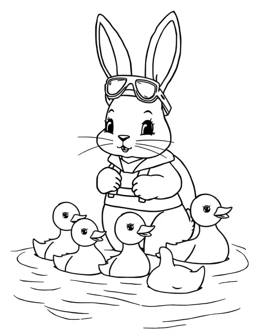 A bunny lifeguard watching over swimming ducklings