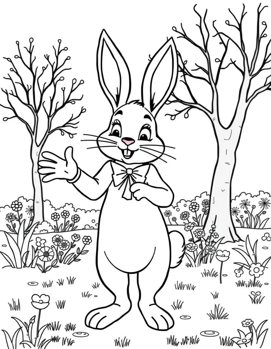 A bunny mime performing in a park with spring scenery