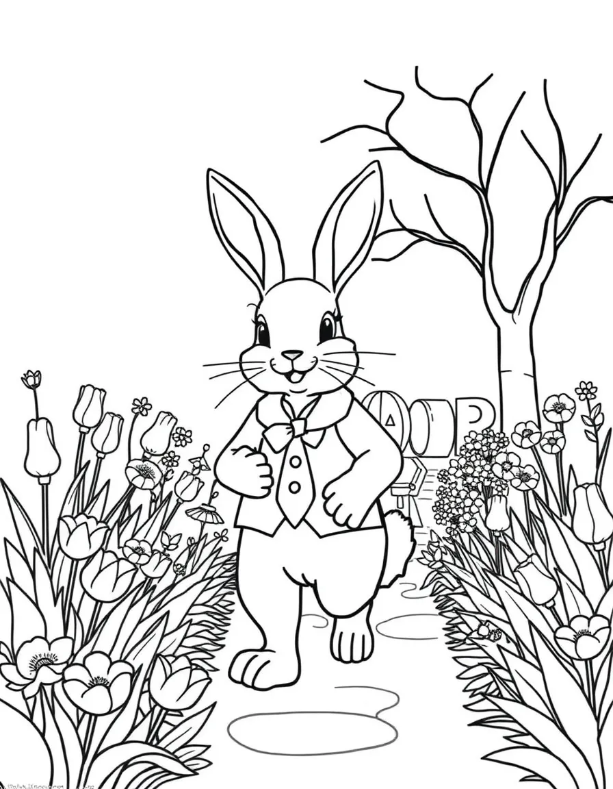 A bunny tour guide leading a group through a spring garden