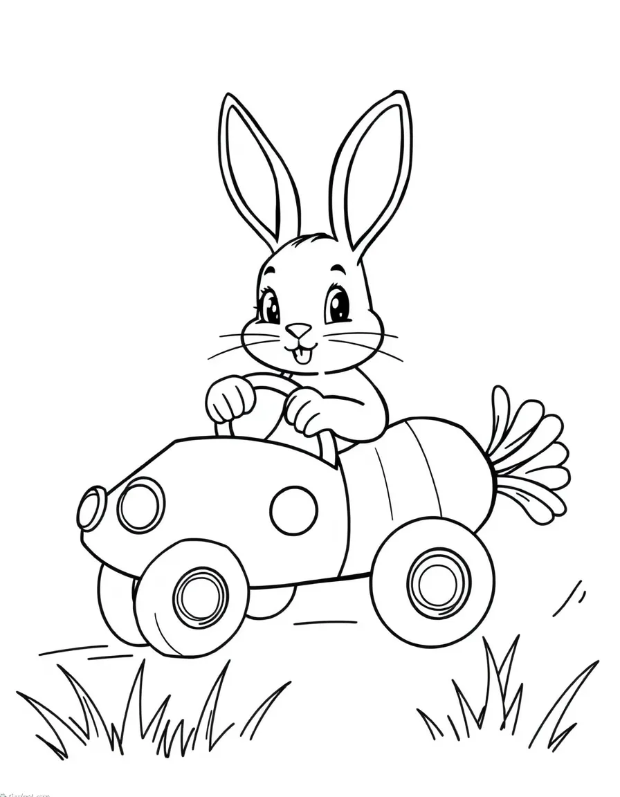 A bunny driving a car shaped like a carrot