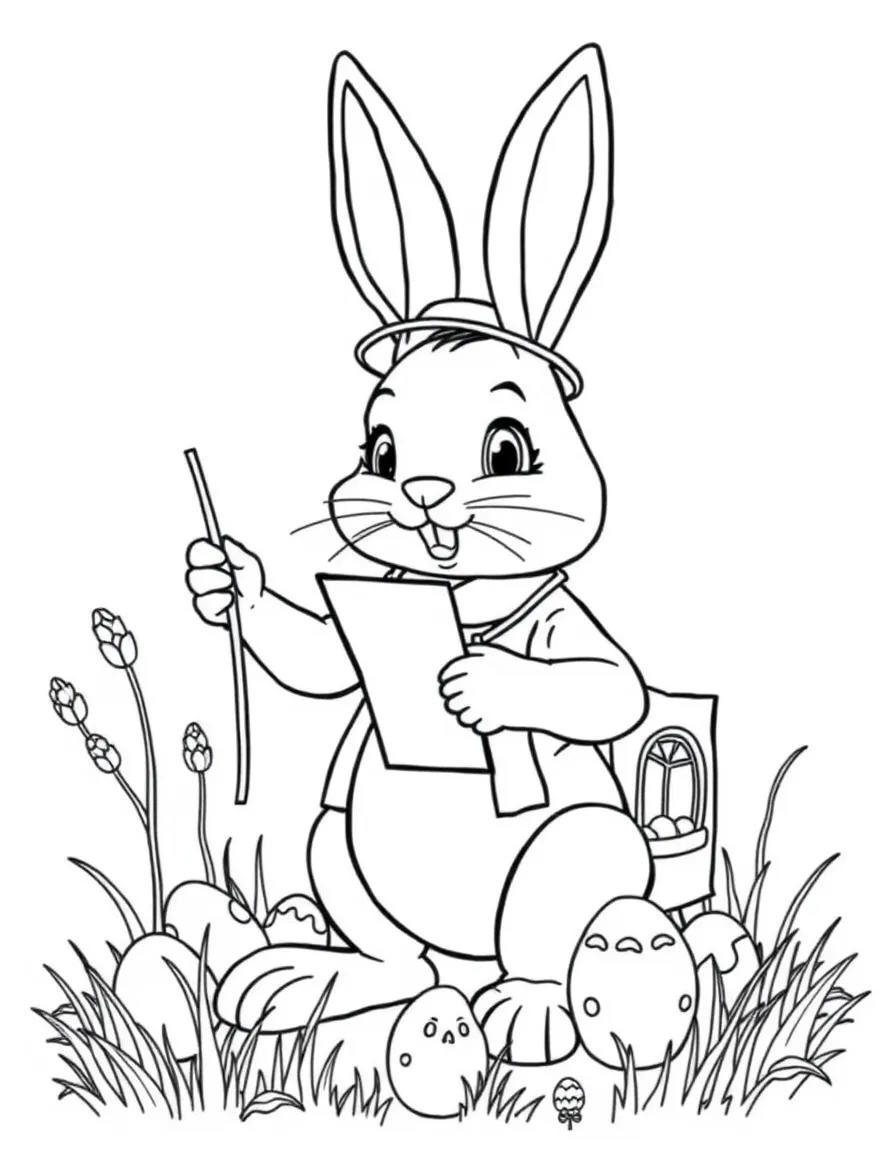 A bunny architect designing a house made of Easter eggs