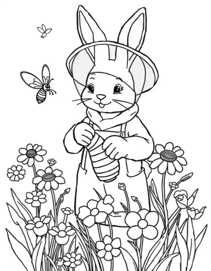 A bunny beekeeper collecting honey from spring flowers