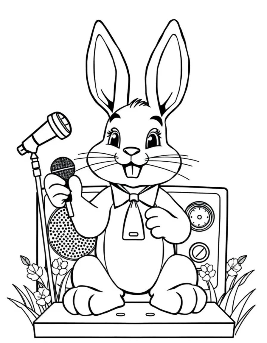 A bunny radio host announcing the first day of spring