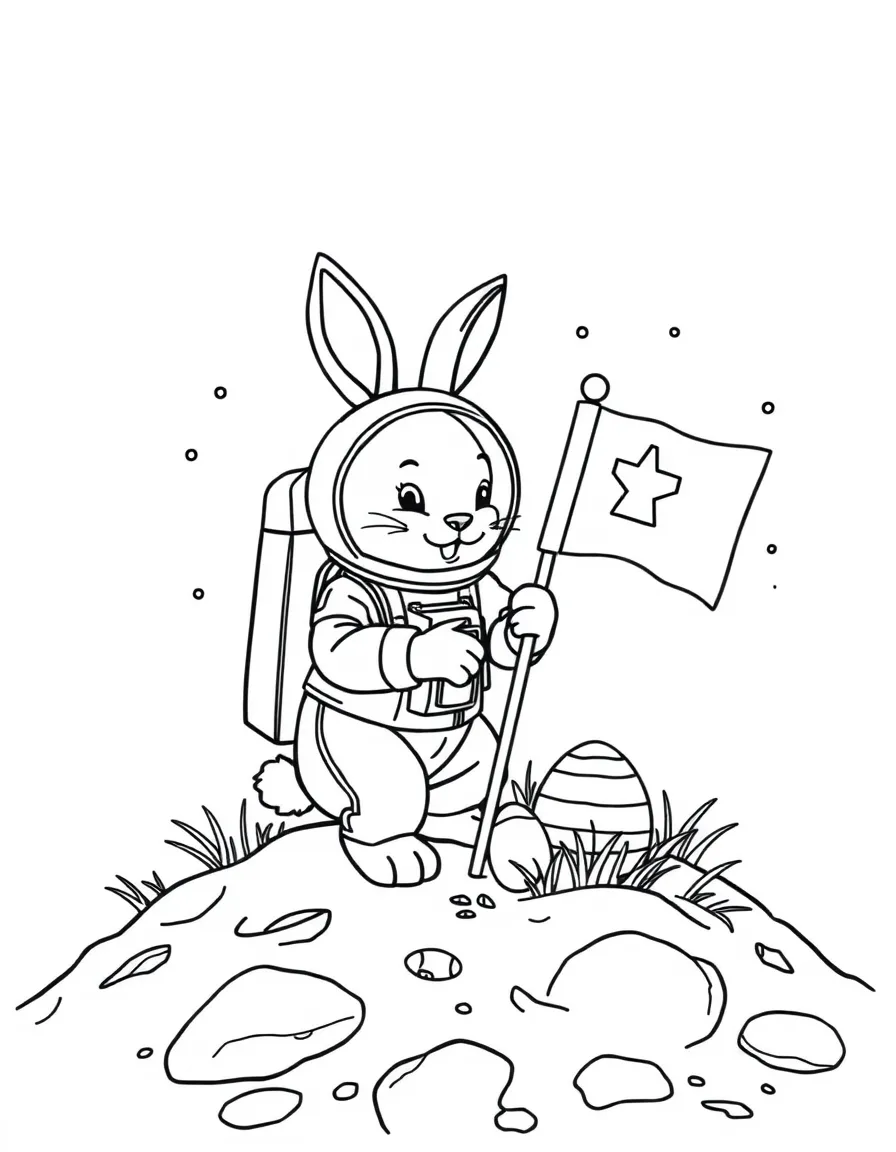 A bunny wearing a spacesuit on the moon planting a flag with Easter eggs