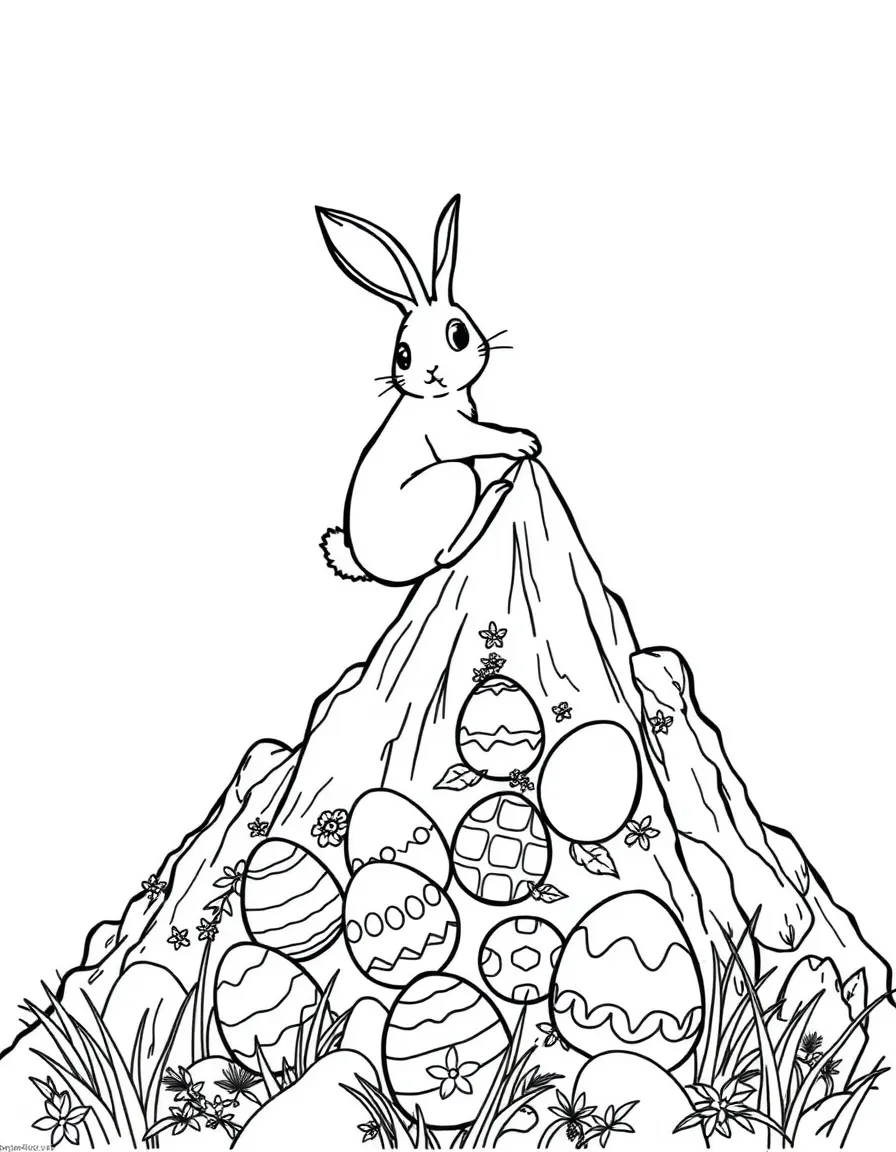 A bunny mountain climber scaling a mountain of Easter eggs