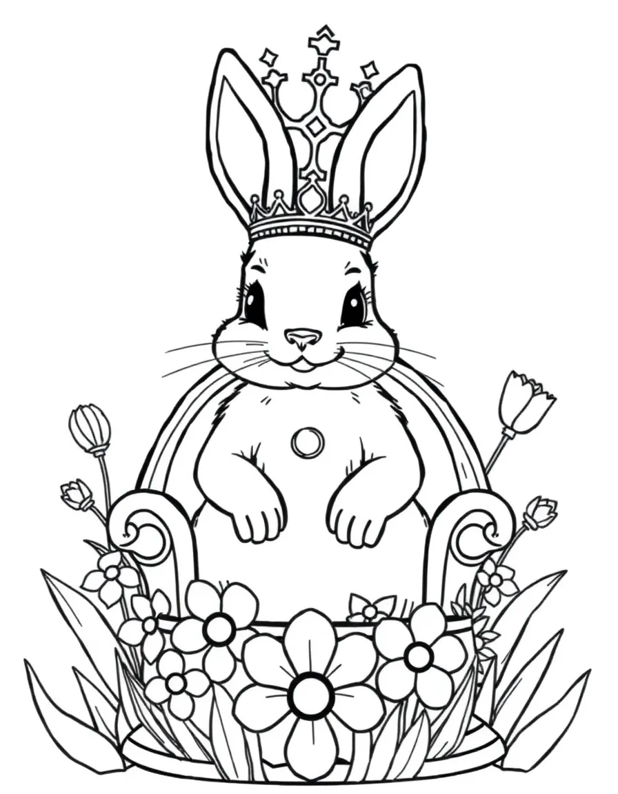 A bunny king or queen on a throne made of spring flowers