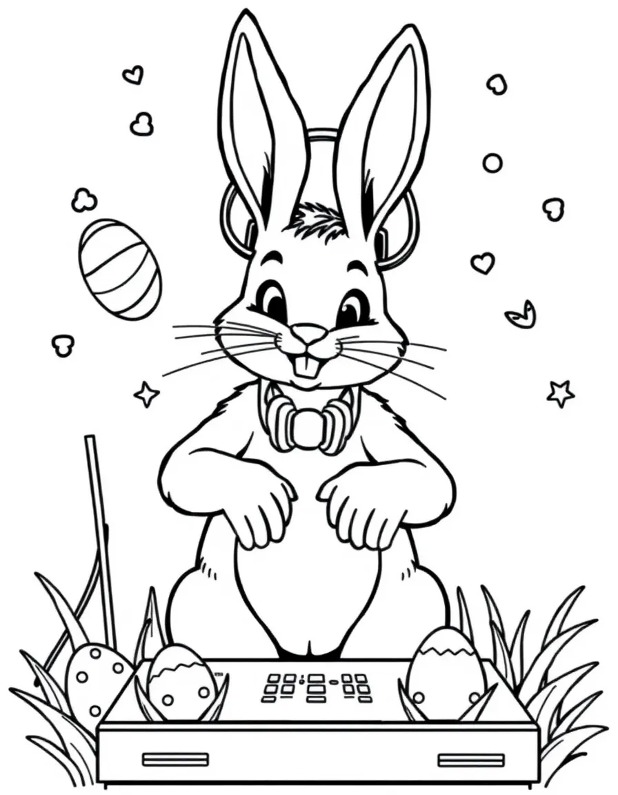 A bunny disc jockey playing music for an Easter dance party
