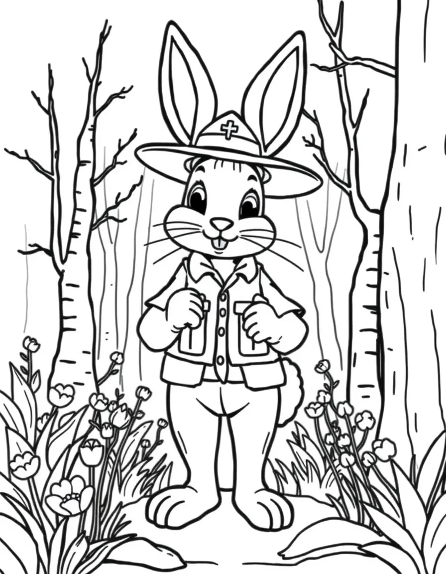 A bunny park ranger guiding visitors through a spring forest