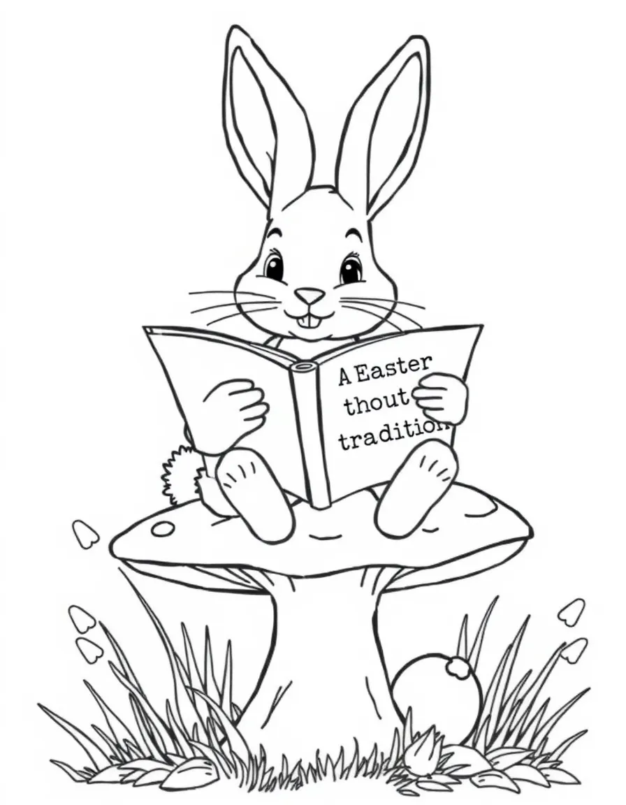 A bunny sitting on a mushroom reading a book about Easter traditions