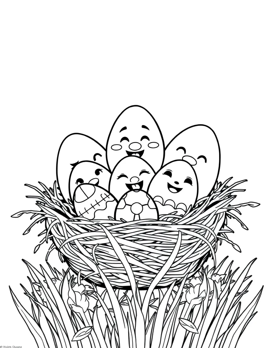A nest of Easter eggs with different faces and expressions