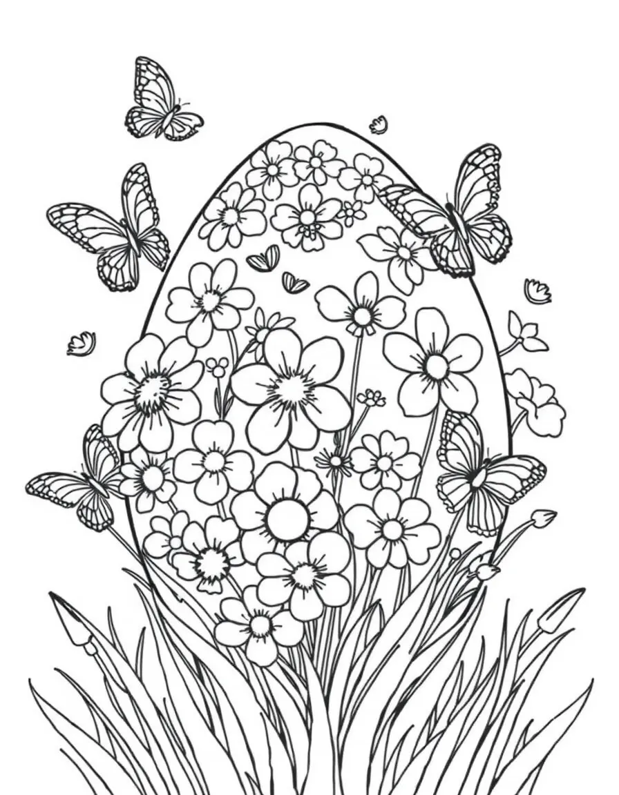 An Easter egg decorated with spring flowers and butterflies
