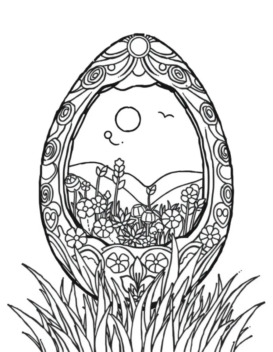 An Easter egg with a window showing a miniature spring scene inside
