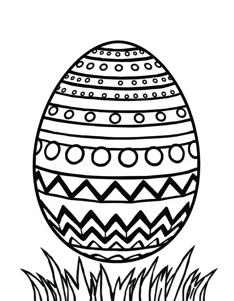 An Easter egg painted with stripes, dots, and zigzag patterns