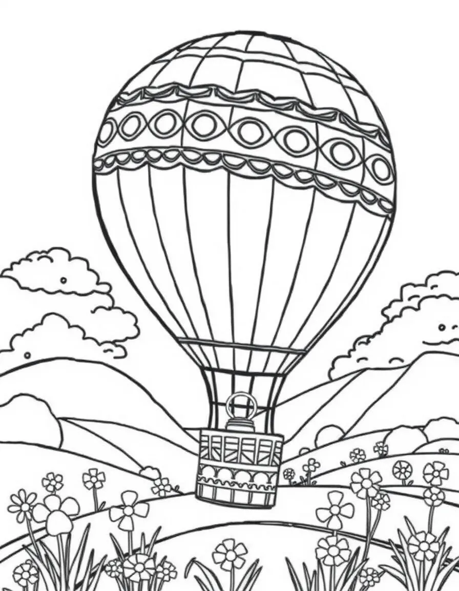 An Easter egg hot air balloon floating over a spring landscape
