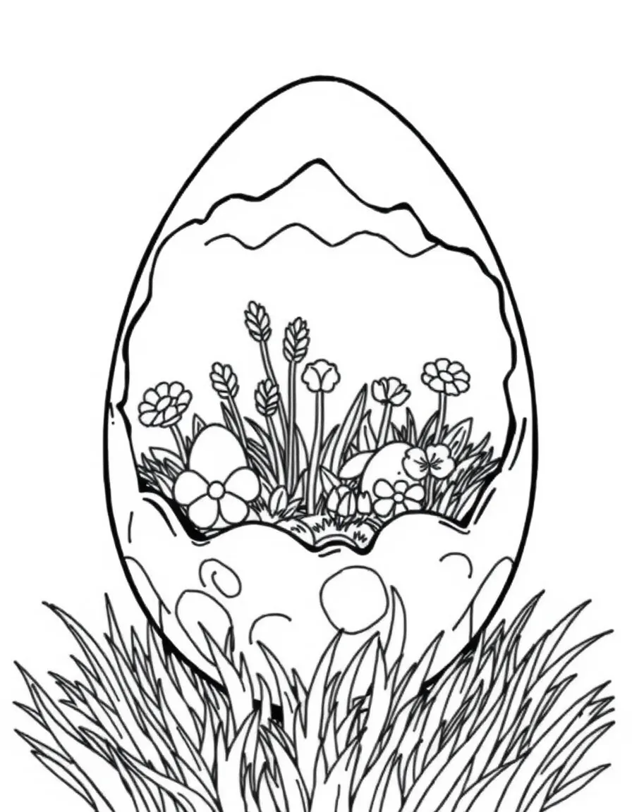 An Easter egg cracked open to reveal a miniature garden inside