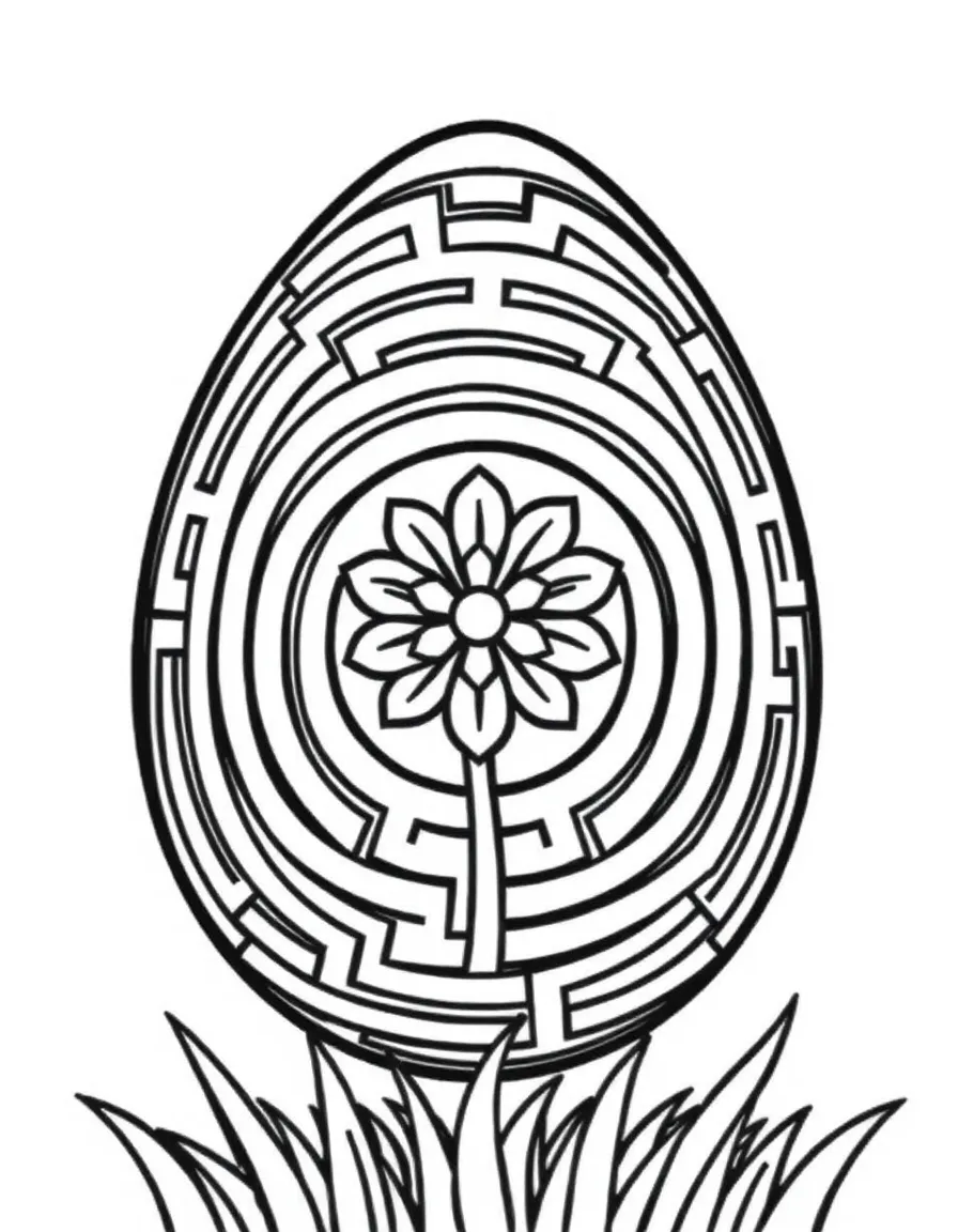 An Easter egg with a maze pattern leading to a central flower