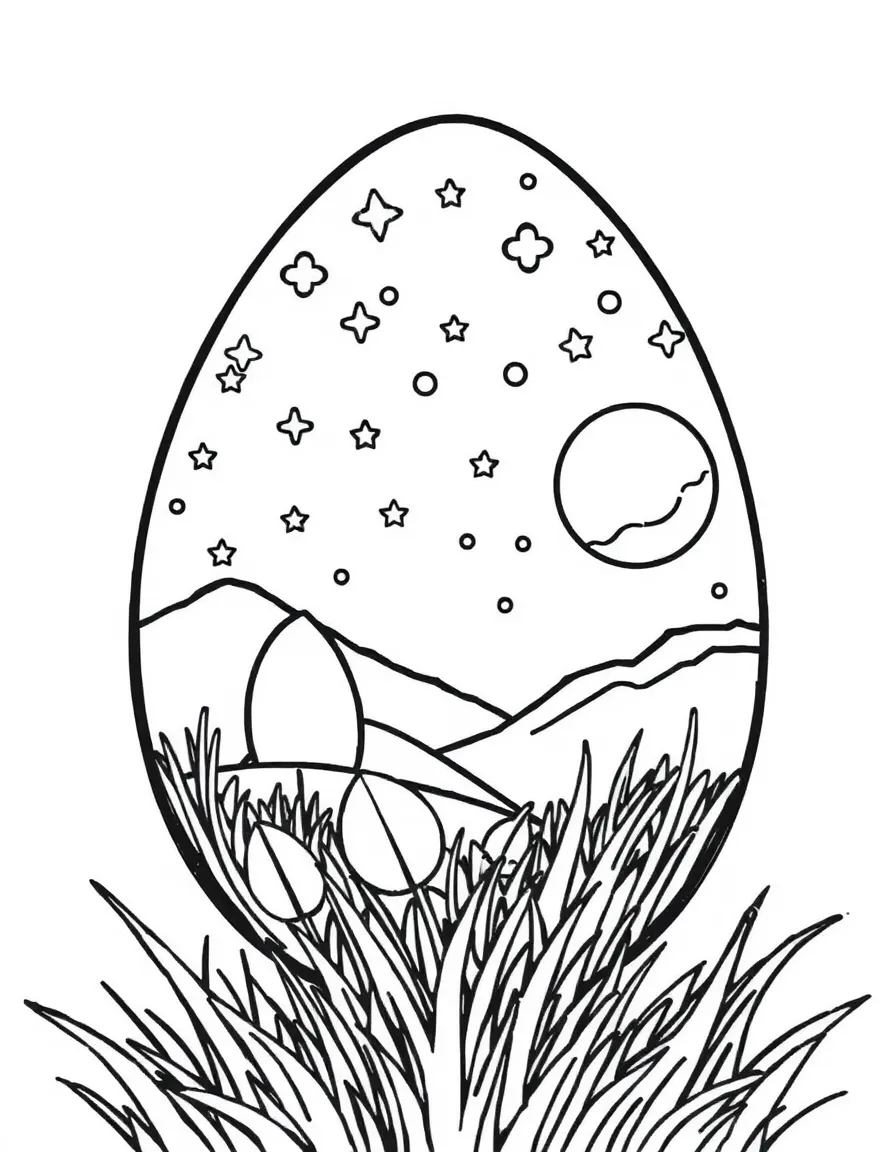 An Easter egg with a nighttime scene of stars and moon