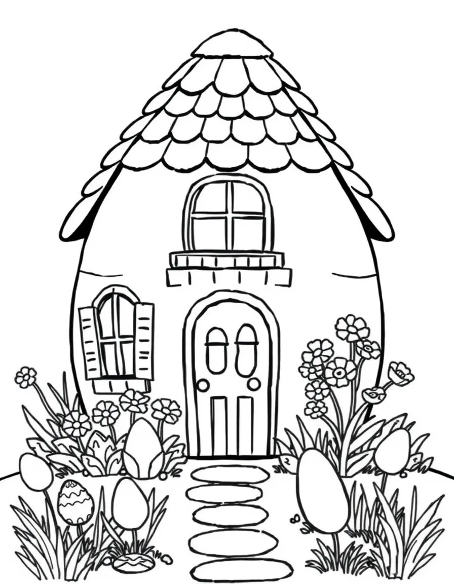 An Easter egg house with windows, doors, and a garden