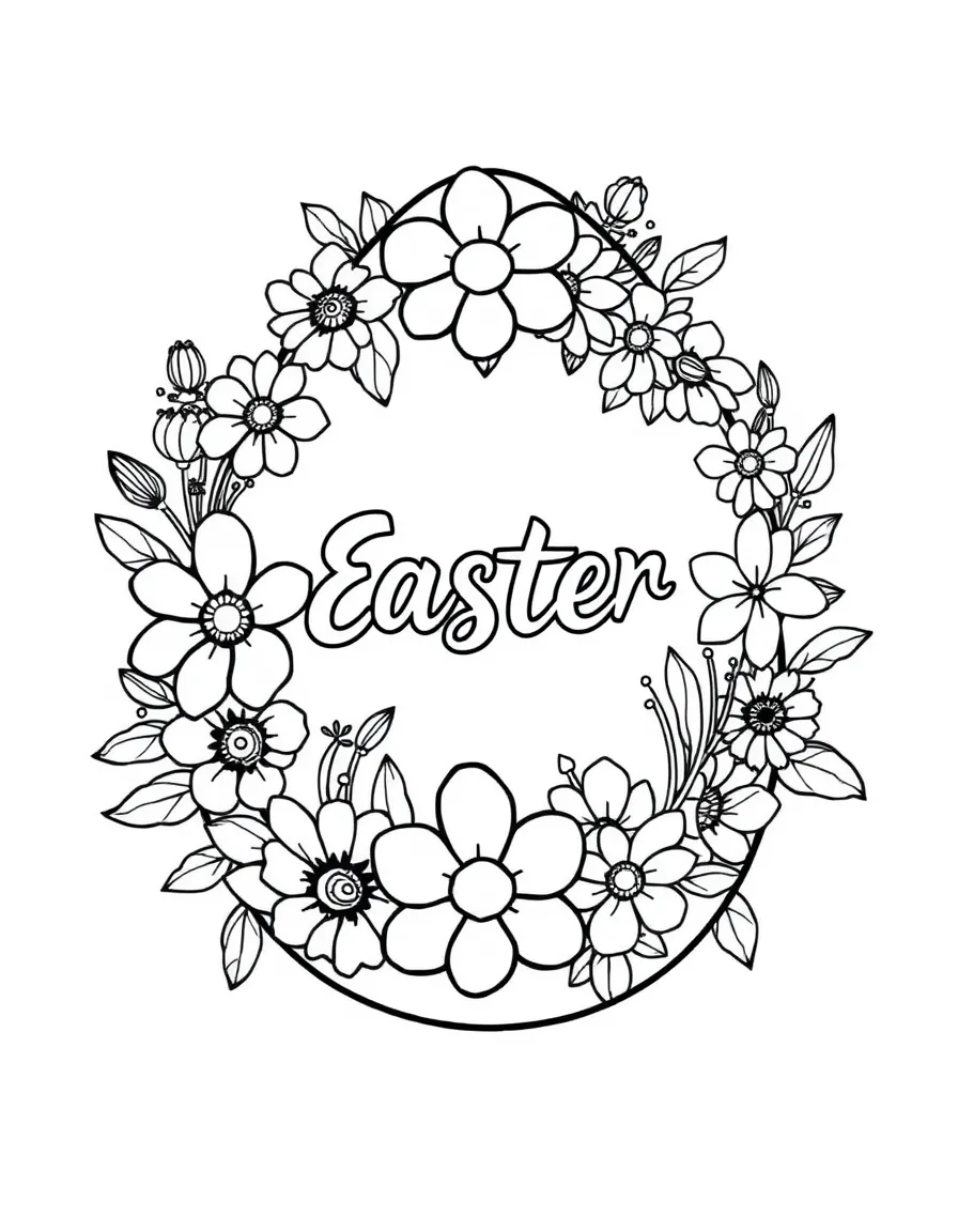 An Easter egg with a wreath of spring flowers around the middle