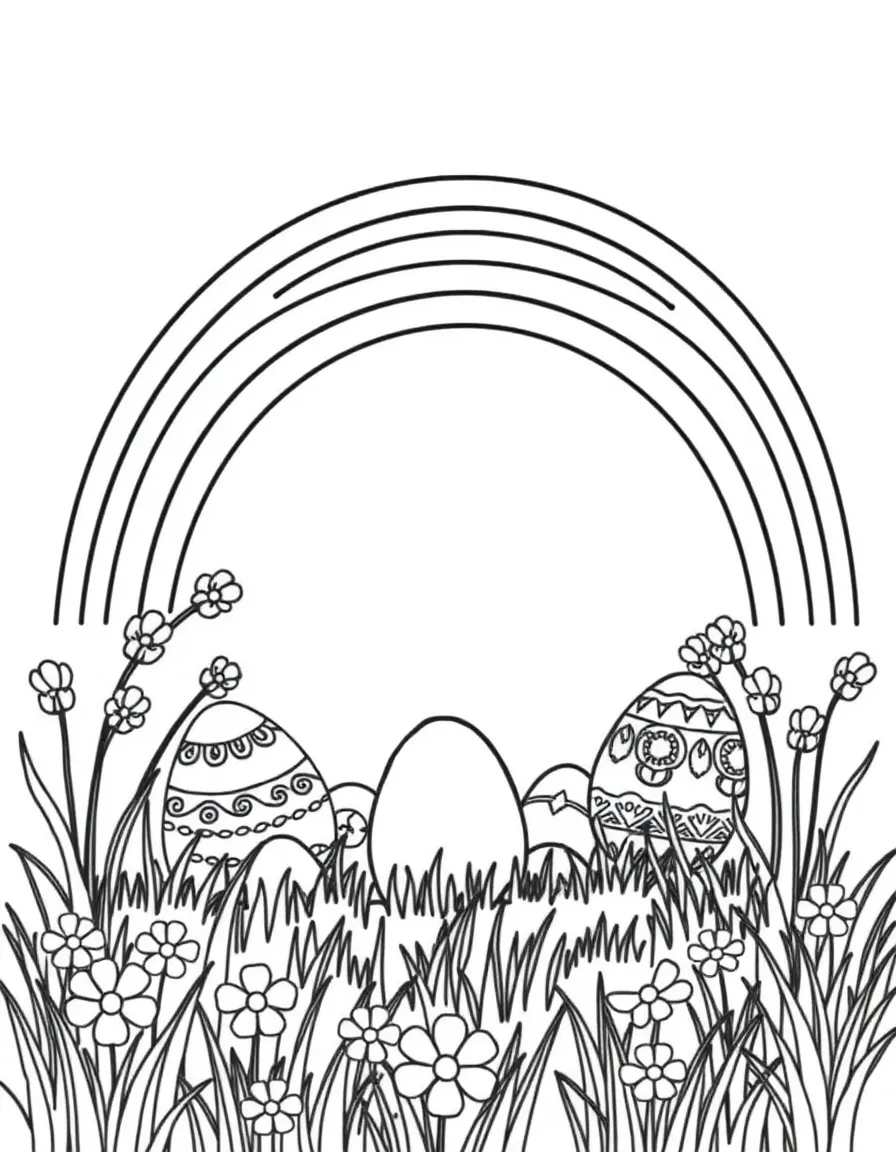 Easter eggs arranged to form a rainbow arch over a spring scene