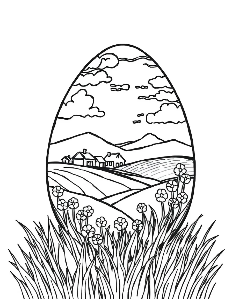 An Easter egg with a countryside scene painted around it