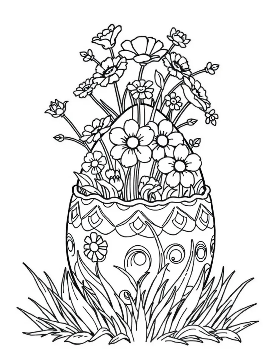An Easter egg with a floral garden growing out of the top