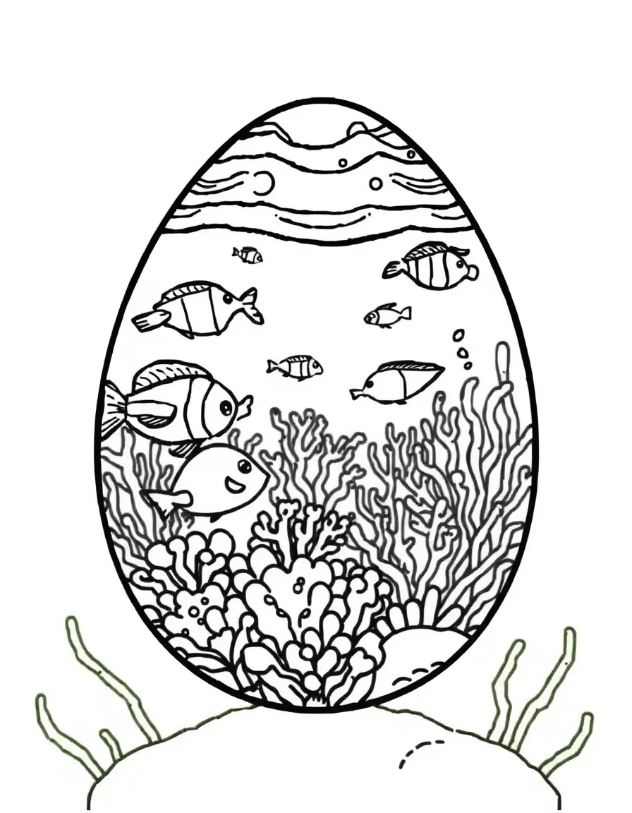 An Easter egg with underwater scenes of fish and coral