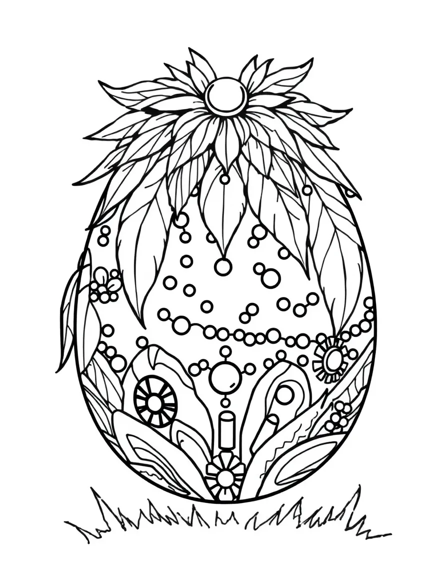 An Easter egg decorated with feathers, beads, and sequins