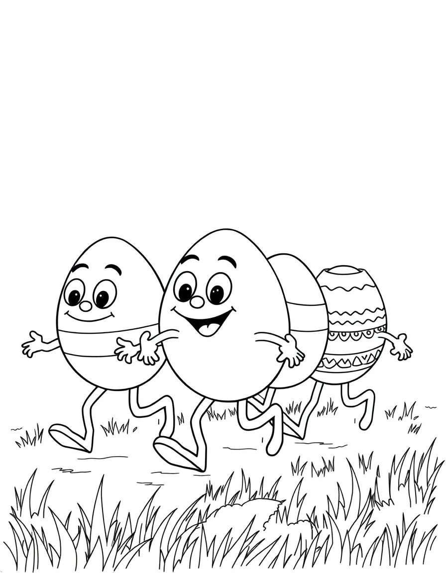 A parade of Easter eggs with legs and arms marching along
