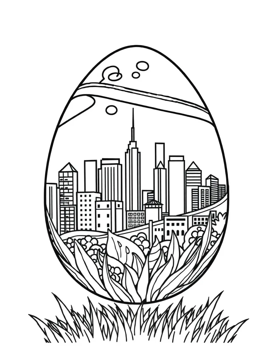An Easter egg with a city skyline wrapped around it