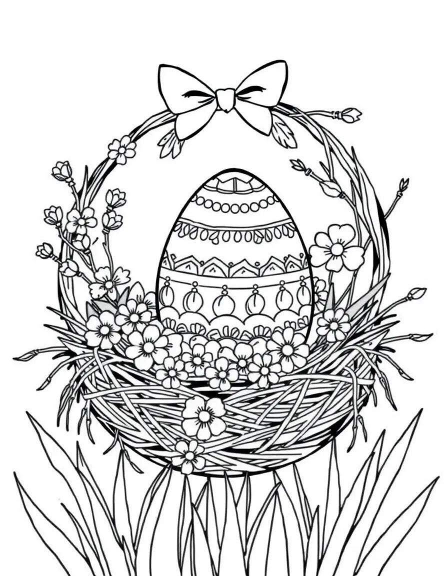 An Easter egg nestled in a bird's nest with spring decorations