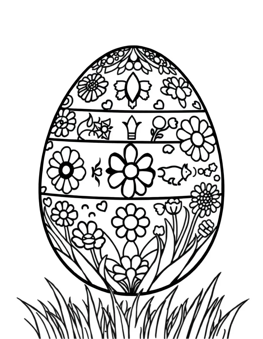 An Easter egg with a quilt pattern of spring symbols